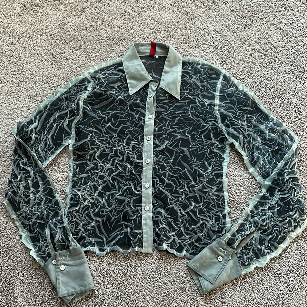 COPY - Vintage wrinkled pleated grey sheer collard women’s blouse shirt bratz y…